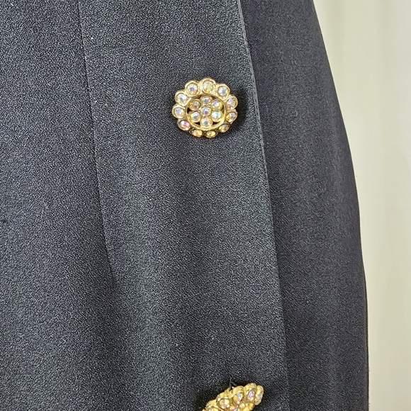 Vintage Neiman Marcus black faux wrap dress rhinestone button ruffle sleeves 10 - Picture 3 of 11